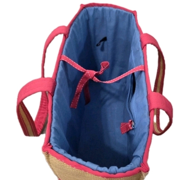 Vintage Ralph Ralph Lauren Straw Medium Tote Bag Pink Accents Lined Classic - Picture 5 of 10